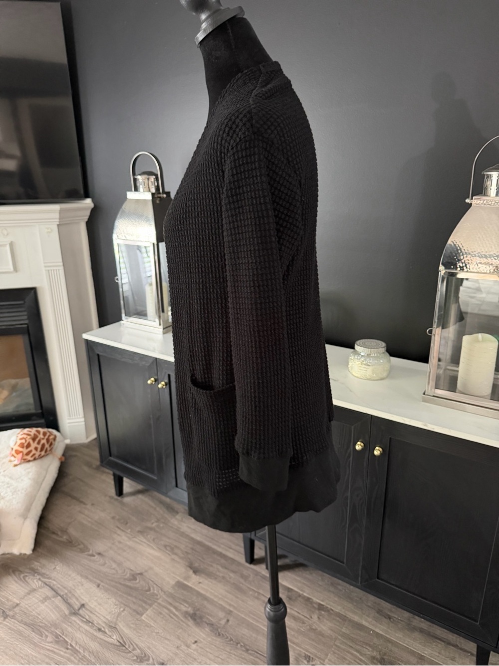 Black Waffle Knit Open Front Cardigan Sweater Size Small - Picture 3 of 6
